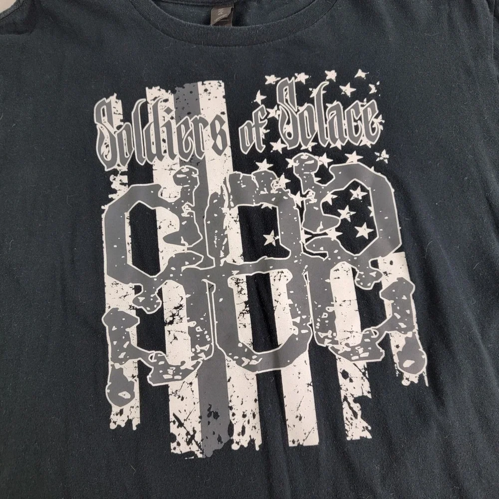 Soldiers of Solace SOS Indie Local Metal Band Anvil US Flag Shirt Sz L EUC Rare - Picture 3 of 6
